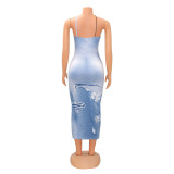 Imitation Denim Print Cutout Cami Sleeveless Long Dress