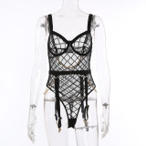 Sexy See-Through Mesh Metal Chains Erotic Garter Teddies Lingerie Set