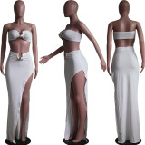 Fashion Sexy U-Ring Bandeau Top and Irregular Slit Skirt Two Piece Set