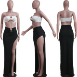 Fashion Sexy U-Ring Bandeau Top and Irregular Slit Skirt Two Piece Set