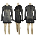 Back Zipper Sequin Stretch Mesh Fur Trim Long Sleeve Club Dress