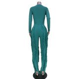Women CasualTwo-Piece Set Solid Long Sleeve Top & Tassel Pants