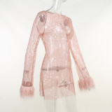 Faux Fur Cuff Glitter Mesh Dress Sexy Women's Dress