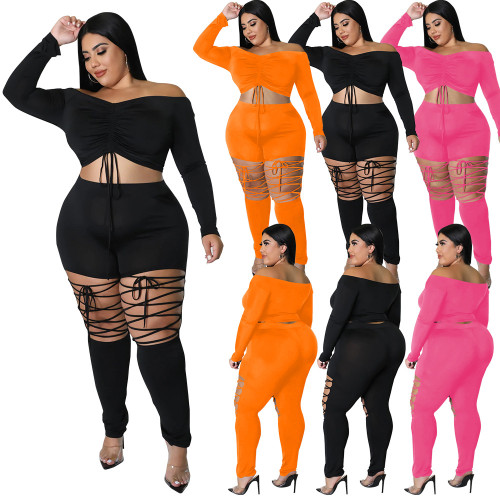 Plus Size Two Piece Pants Set Solid Off Shoulder Drawstring Crop Top+Lace Up Hollowed Pants