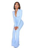 Solid Ribbed Zip Up Long Sleeve Slim Fit Flare Jumpsuit