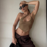 Brown Mesh Irregular Halter Neck Sexy Cutout Crop Top