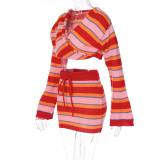 Striped Knitted Long Sleeve Sweater + Dress Casual 2PCS Set