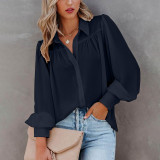 Solid Button Down Bishop Sleeve Ruched Loose Shirt
