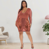 Plus Size U Neck Sequin Embroidered Mesh Sleeve See Through Bodycon Dress