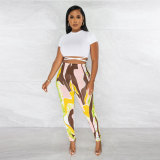 Sexy Solid Short Sleeve Crop Top+ Printed Pants Two-piece Set