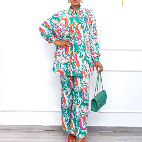 African Print Long Sleeve Shirt + Trousers Casual Loose Two Piece Set