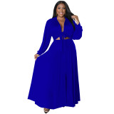 Plus Size Solid Two Piece Set Tie Front Full Sleeve Crop Top & Long Skirt