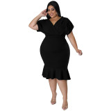 Plus Size V-Neck Short Sleeve Solid Meimaid Bodycon Dress