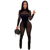 Sexy See-Through Mesh Stripes Patchwork Bodycon Jumpsuit