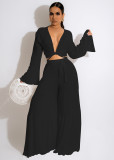 Solid Plunge Flare Sleeve Tie Top + Wide Leg Pants Two Pieces