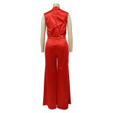 Solid Sleeveless High Neck Wide Leg Formal Jumpsuit