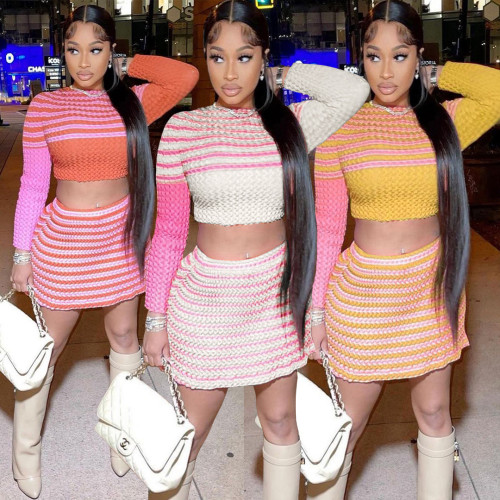 Casual Sexy Stripes Knitted Crop Top and Mini Skirt Two Piece Set