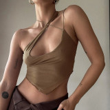 Brown Mesh Irregular Halter Neck Sexy Cutout Crop Top