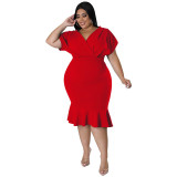 Plus Size V-Neck Short Sleeve Solid Meimaid Bodycon Dress