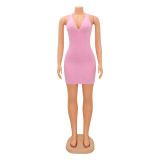 Sexy V-Neck Pink Tight Fitting Sleeveless Bodycon Mini Dress