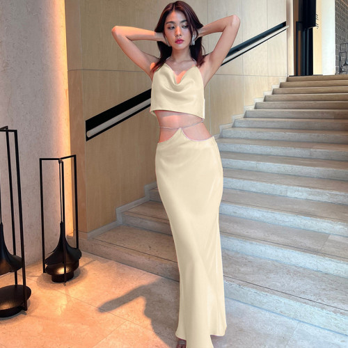 Sexy Halter Crop Top and Long Skirt Two Piece Set