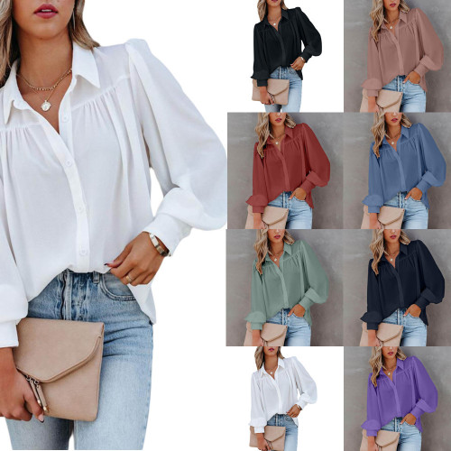 Solid Button Down Bishop Sleeve Ruched Loose Shirt