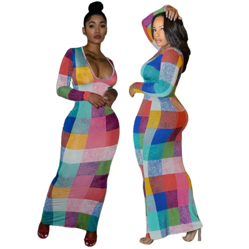 Sexy Check Print Multi-Color Bodycon Maxi Dress