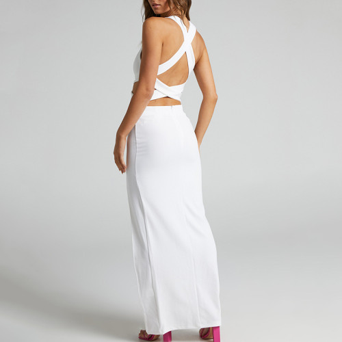 White Sexy Cross Back Cutout Deep V-Neck High Slit Maxi Dress