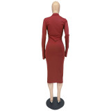 Ribbed Solid Turn Down Collar Button-Open Bell Bottom Long Sleeve Midi Dress
