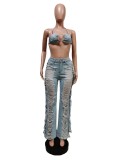 Sexy Halter Neck Bra Top and Ripped Fringe Jeans Denim Two Piece Set