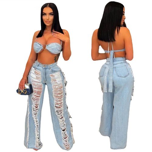 Sexy Halter Neck Bra Top and Ripped Fringe Jeans Denim Two Piece Set
