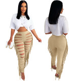 Sexy Solid Ripped Hollow Out Fringed Pants
