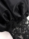 Vintage Black Lace Patchwork Puff Long Sleeve Slit Maxi Evening Dress