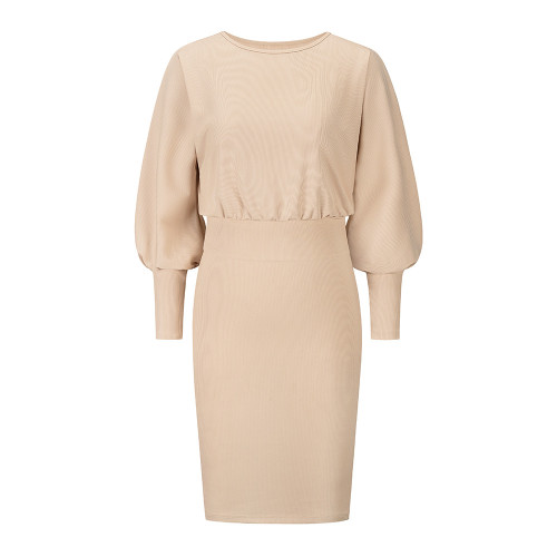 Solid Color Ribbed Bishop Sleeves Chic Dress