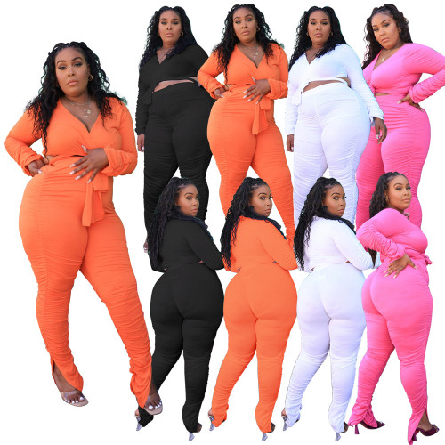 Plus Size Two-Piece Set Solid Tie Front Pleated Long Sleeve Crop Top + Pants