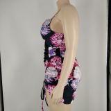 Plus Size Floral Printed Cami Drawstring Bodycon Dress