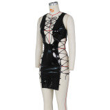 Sexy Patent PU Leather Sleeveless Lace Up Night Club Mini Dress