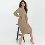 Fall Winter Solid Long Sleeve Ribbed Belted Bodycon Sweater Dress