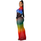 Sexy Full Sleeve Rainbow Rhinestone Mesh Bodycon Long Fishtail Dress