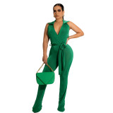 Solid Turndown Collar V-Neck Sleeveless Flare Jumpsuit With Belt
