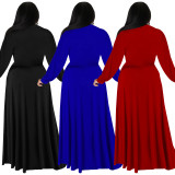 Plus Size Solid Two Piece Set Tie Front Full Sleeve Crop Top & Long Skirt