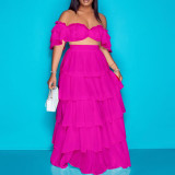 Sexy Off Shoulder Crop Top and Layered Long Skirt Two Piece Set