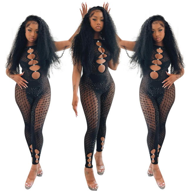 Rhinestone Mesh Cutout Patchwork Sleeveless Sexy Bodycon Jumpsuit