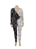 Plus Size Contrast Print Flare Sleeve Belted Bodycon Jumpsuit