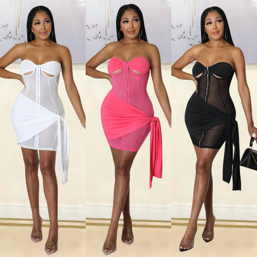 Sexy See Through Strapless Cutout Two Piece Dress