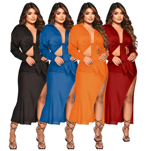 Tie Front Long Sleeve Crop Top Slit Skirt Ribbed Two Piece Set