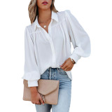 Solid Button Down Bishop Sleeve Ruched Loose Shirt