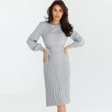 Fall Winter Solid Long Sleeve Ribbed Belted Bodycon Sweater Dress