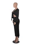 Solid Sexy V-Neck Long Sleeve Crop Top Long Skirt 2PCS Skirt Set