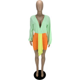 Sexy V-neck Balloon Sleeve Bodysuit + Contrast Color Mini Dress 2PCS Set